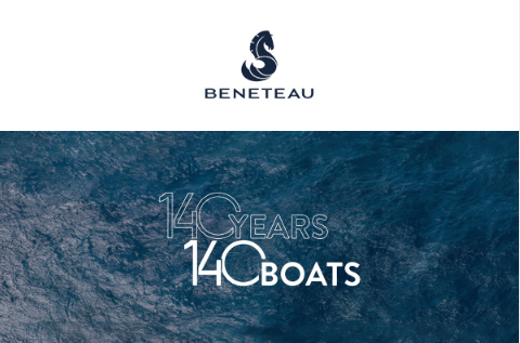 Beneteau Logo with 140 years graphic layered over the ocean