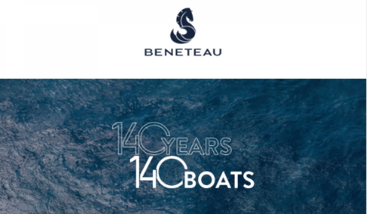 Beneteau Logo with 140 years graphic layered over the ocean